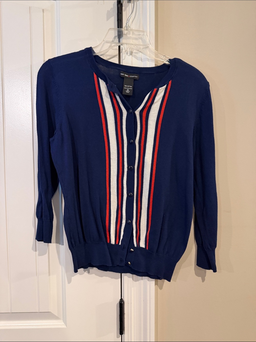 New York & Company Navy Cardigan with Red and White Stripe Detail